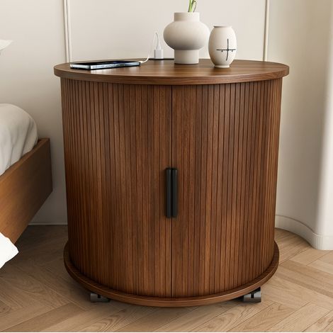 Table de chevet ronde avec prise et 2 USB, porte coulissante, 60 x 60 cm, noyer DESVIAE (1/5)