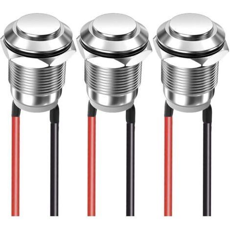 Lot de 3 boutons poussoirs momentanés 12 mm 2 A 12 V/24 V/125 V/250 V, étanches, en acier inoxydable, marche/arrêt, avec filetage (tête haute) (1/4)