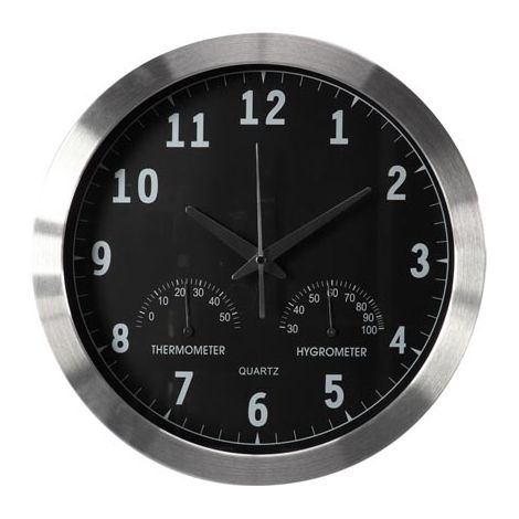 Perel Reloj de Pared 35,5 cm analógico con sincronización horaria DCF, termómetro e higrómetro, Esfera Clara y fácil de Leer, Marco de Aluminio Plateado, salón Cocina Oficina Sala de Espera