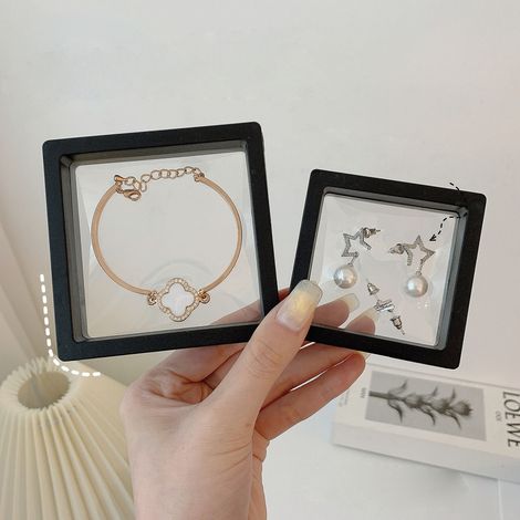 Boîte de rangement pour bijoux en film PE transparent, cadre flottant 3D, présentoir à bijoux noir, 9 x 9 x 2 cm (1/5)