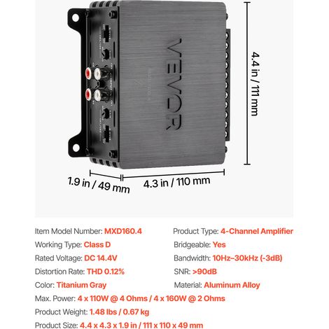 VEVOR Car Audio Amplifier, 4-Channel Bridgeable Car Amplifier, Multichannel Class D Stereo Amp, Max. 4 x 110W at 4 Ohms / 4 x 160W at 2 Ohms, High Output, for SUVs, Pickups, and Off-Road Vehicles (1/4)