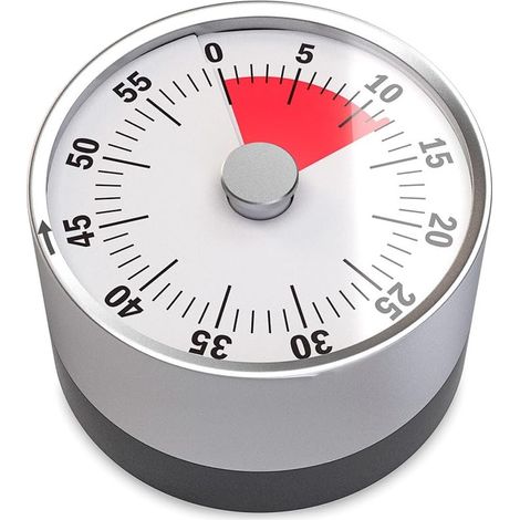 Minuterie mécanique et magnétique de base. Durée maximale de 60 minutes. Alarme sonore lorsque le temps est écoulé.