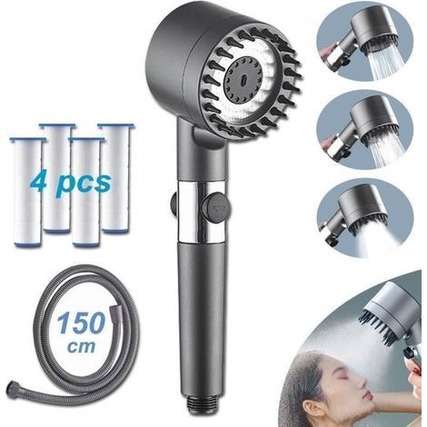 (Silber) Hochdruck-Duschkopf mit Massagedüse, Filter, 3 Strahlarten – mit 4 Filtern, 150 cm Duschschlauch (1/5)