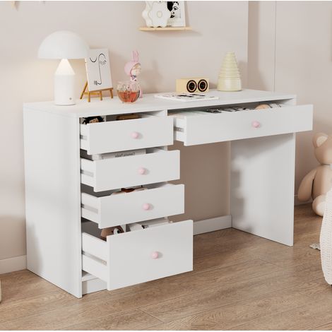 MODFU – Scrivania 120x45x74 cm bianca con 5 cassetti di cui 1 profondo e maniglie in ceramica rosa, doppia funzione scrivania o toeletta – Bianco/rosa (1/5)