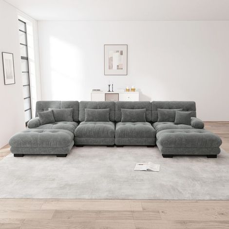 Canapé - Cloud Couch - 4 places modulable en U - chenille vintage gris - avec poufs (1/5)