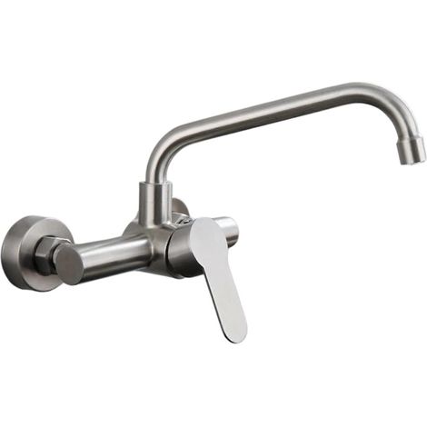 Robinet de cuisine mural en acier inoxydable brossé, mitigeur monocommande avec bec pivotant et cartouche céramique. (1/5)