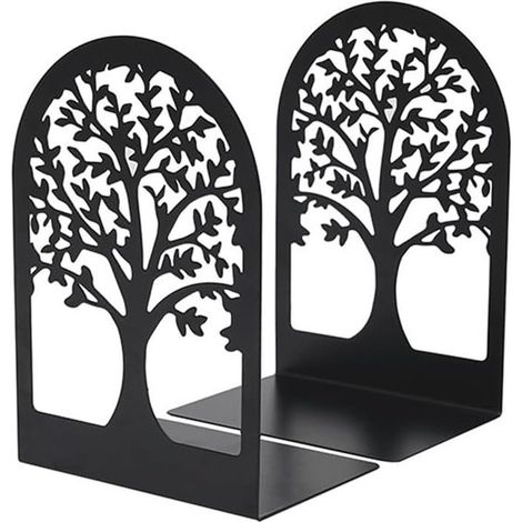 Serre-livres en métal - Motif Arbre de Vie - Antidérapant - Pour bibliothèques et livres lourds - Noir - Décoration (1/5)