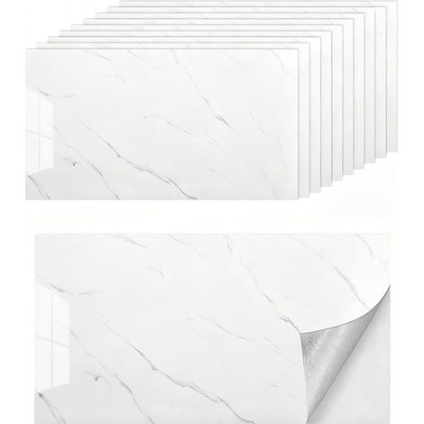 Lot de 10 autocollants pour carrelage de cuisine en marbre - 60 x 30 cm - Imperméables - Pour crédence de cuisine, salle de bain, salon (marbre blanc) (1/5)