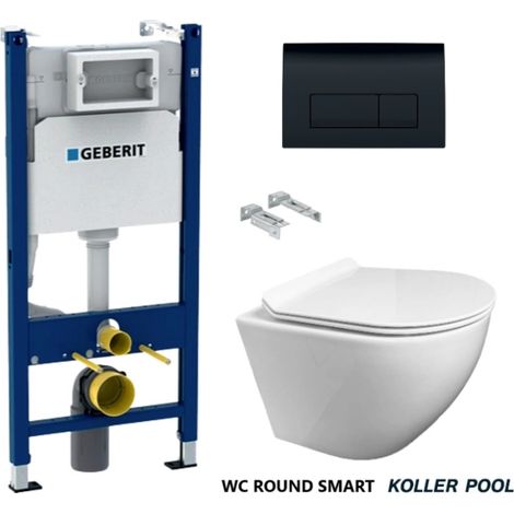 Bâti-support GEBERIT Duofix pack réservoir encastrable et plaque DELTA 50 Noir Brillant avec WC suspendu ROUND SMART Blanc abattant fin par KP (1/5)