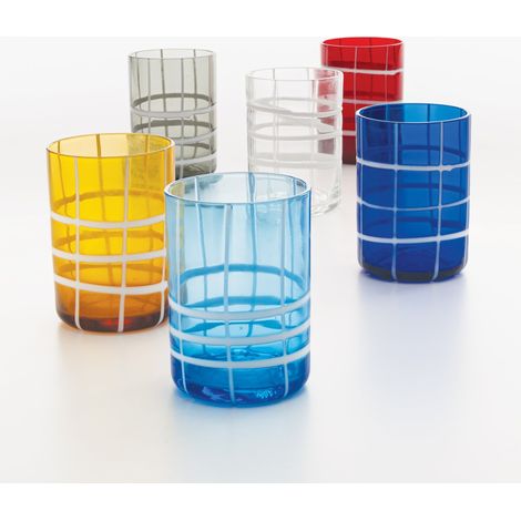 Zafferano Twiddle - Set 6 Bicchieri colorati in Vetro Soffiato, 35 cl - Tumbler Artigianali con Decoro Bianco, Lavabili in Lavastoviglie