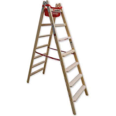 Euroline Holz Stufenstehleiter mit Comfort-Stufen mit Werkzeugablage 2x7 Stufen