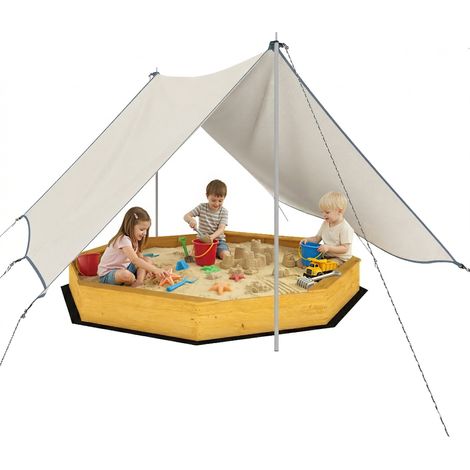 Bac sable bois auvent extérieur enfants 4 bancs fond recouvert jaune, bac à sable ludique jardin