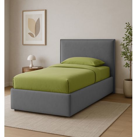letto singolo con contenitore e rete "zoom" rivestito in tessuto grigio 90x190 cm (1/4)