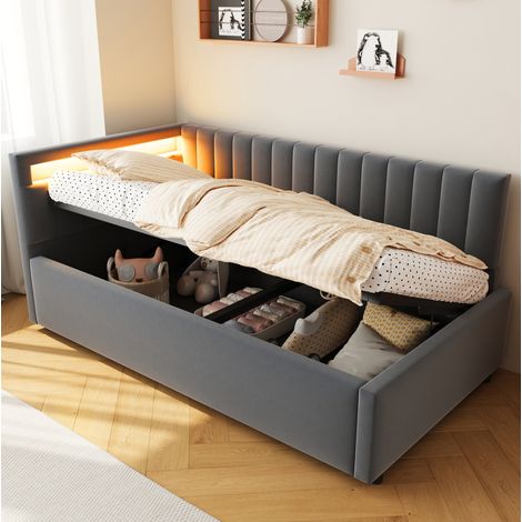 Cama dormitorio con almacenamiento LED tapizada gris OKMYHOME (1/5)