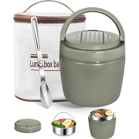 Lunch Box Isotherme 1200 ml. Double paroi inox. Thermos Alimentaire Chaud avec Cuillère. Boite Repas Isotherme Étanche. Pour Repas, Soupes, Déjeuners. Usage Extérieur/Bureau (Vert) (1/5)