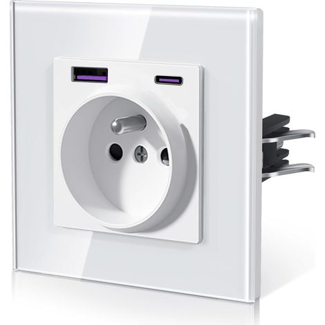 Prise Murale avec 20W USB et Type C, 3 IN 1 Prise Electriques Standard avec Griffes, Prise de courant en Verre, Connexion Rapide Sans Vis, Recharge Rapide, Gain de Place Élégant, 8686MM, Blanc (1/5)