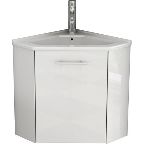 Mueble de baño esquinero blanco alto brillo con lavabo cerámico y cierre amortiguado (1/5)