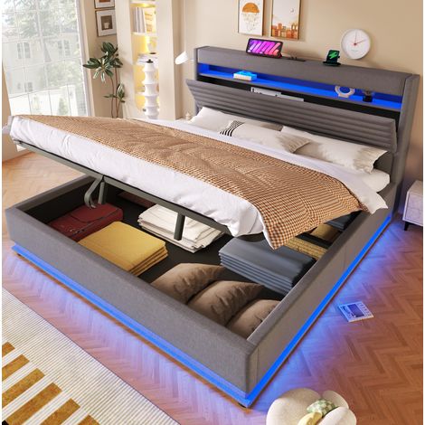 lit adulte lit coffre rangement 180x200 lin gris OKMYHOME (1/5)