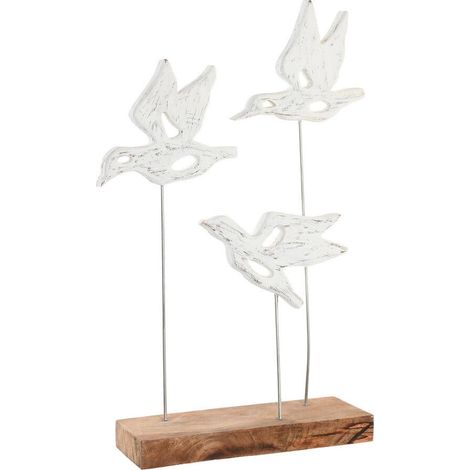 Décoration oiseau blanc style shabby chic sur socle bois et métal - blanc vieilli et bois naturel (1/3)