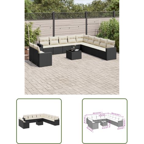The Living Store Salon de jardin 12 pcs avec coussins noir résine tressée - Ensemble Salon De Jardin - Meuble De Jardin - Résine Tressée - Rotin Synthétique - Mobilier Extérieur (1/3)