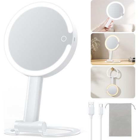 Vergrößerungs-Reisekosmetikspiegel mit Licht, 10-fache und 1-fache Vergrößerung, doppelseitig beleuchtet, wiederaufladbar, 3-in-1-Handspiegel, Tisch- und Hängefunktion, 3 dimmbare Lichtfarben, Weiß (1/5)