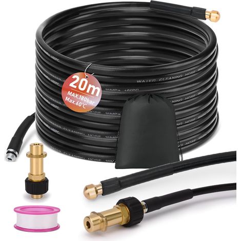 Kit de Tuyau de Nettoyage de Canalisationsde 20m, 180 Bar, avec Sacavec Adaptateur M22, Kit de Nettoyage Universel, Compatible avec Les Nettoyeurs Haute Pression K2, K3, K4, K5, K6, K7, 4 Jets