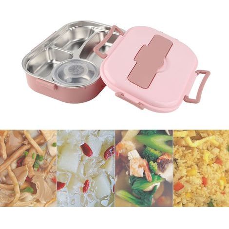 Boîte-repas en acier inoxydable 4 compartiments avec bol à soupe, idéale pour étudiants et adultes - Rose