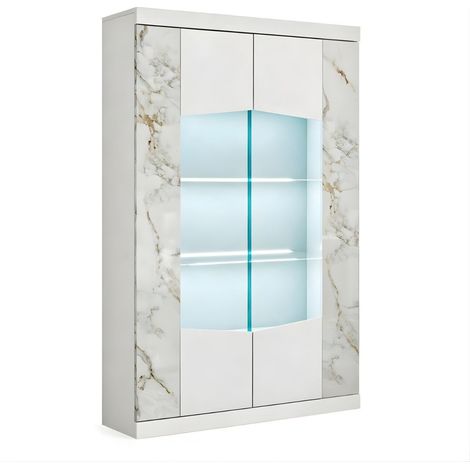 Vitrine 2 portes avec leds laqué blanc et imitation marbre - ETOLIS (1/3)