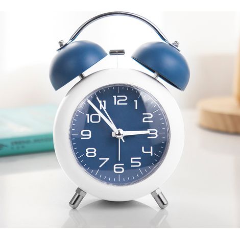 Sveglia potente, semplice sveglia meccanica per bambini e studenti, con anello in metallo, luce notturna silenziosa, orologio da scrivania (sveglia con anello blu, 10 cm) (1/4)