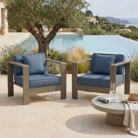 Lot de 2 fauteuils de jardin en alu taupe et housse bleue