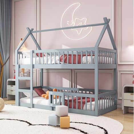 Cama alta infantil estilo loft de madera gris 90x200 cm con escalera integrada y barandillas altas