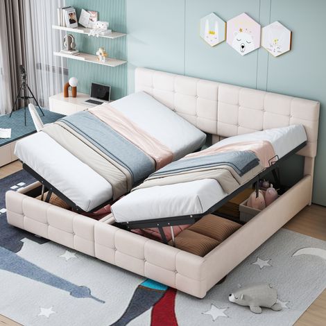 Letto contenitore imbottito in velluto beige, 180x200 cm, trasformabile in due letti singoli da 90x200 cm, rete a doghe inclusa. (1/5)