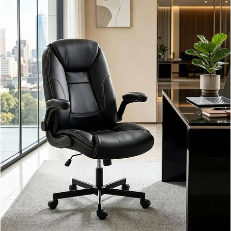 Chaise de bureau ergonomique 69,5x77x106 cm en similicuir noir, inclinable, gain de place FloraGrace (1/5)