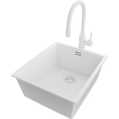 PRIMAGRAN Evier Cuisine en Granit 41x47cm,Lavabo 1 bac + Robinet 38x14cm + Kit de Vidage, Évier à Encastrer au meuble 45cm - London Slim, Tout Blanc (1/5)