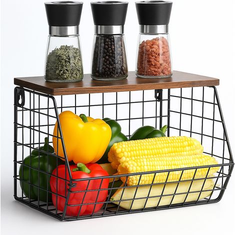 Relaxdays Estante de pared para fruta, organizador de cocina, HBT: 22 x 30 x 20 cm, cesta metálica, negro/marrón oscuro (1/5)