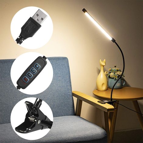 Lampe de bureau à pince avec éclairage LED USB, flexible à 360° et col de cygne, 3 modes de couleur et 10 niveaux de luminosité, idéale pour le bureau, la chambre ou le bureau. (1/5)