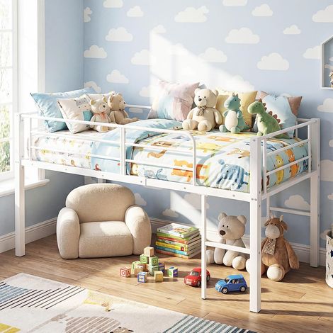 COSTWAY Letto a Soppalco Singolo 190 x 90 cm, Struttura Letto in Metallo con Sponde di Sicurezza, 2 Scale, Spazio Sotto il Letto e Supporto Solido (Bianco) (1/4)