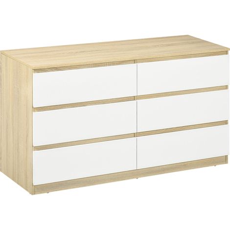 Cassettiera 6 Cassetti Moderna in Legno, Mobile Cassettiera per Camera da Letto 135x48x77cm, Bianco e Legno