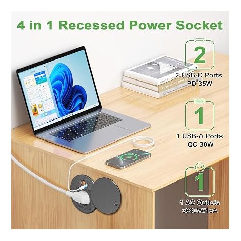Prise Encastrable USB C et USB Multiprise Encastrable Plan de Travail avec Couvercle Bloc Prise Escamotable pour la Cuisine Le Bureau Les Meubles Câble Noir (1/3)
