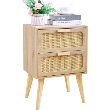 Table de Chevet scandinave,Table de Nuit en rotin Pieds en bois massif,2 Tiroir en Rotin,Table de Nuit en Bois pour Salon Chambre Bureau Naturel (1/5)