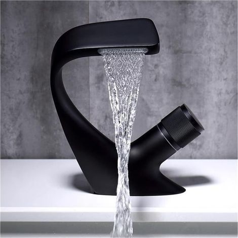 noir Robinet de lavabo de luxe, robinet cascade moderne en laiton, robinets de salle de bains, montage sur pont, grue d'évier, robinet mélangeur d'eau froide et chaude(Avec Tuyaux) (1/4)
