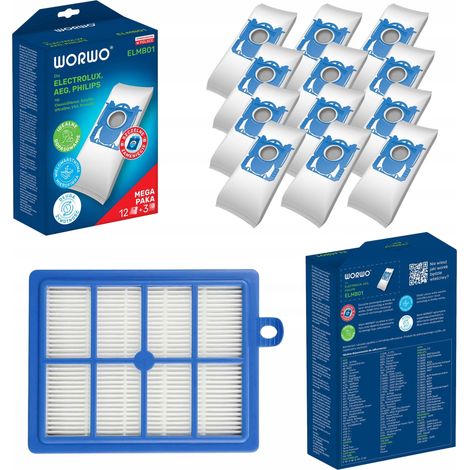12 sacs ELMB01 Perfekt BAG + 1 filtre HEPA pour Electrolux Philips Beko (1/5)