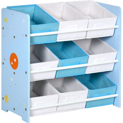 Mobiletto Portagiochi 63x30x60cm con 9 Cestini Rimovibili in MDF e Tessuto Azzurro (1/5)