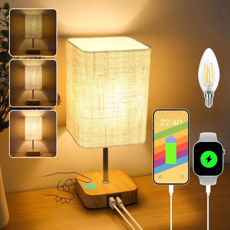 Nachtlichter mit Touch-Steuerung und USB-C- und USB-A-Ladeanschlüssen, kleine Lampe mit beigefarbenem Holzsockel und Lampenschirm (1/5)
