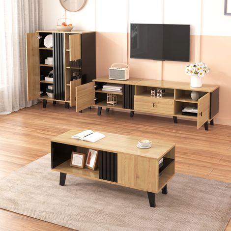 Ensemble meuble salon 3 pièces – table basse, meuble TV & buffet – design moderne bois et noir – grand rangement, élégance chic pour toute maison (1/5)