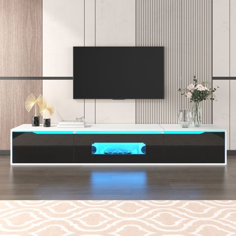 Meuble TV 180x35cm - Design Moderne Noir et Blanc - Finition Brillante - Portes Rainurées - LED 16 Couleurs - Fixation Murale - Capacité 30kg - Noir et Blanc (1/5)