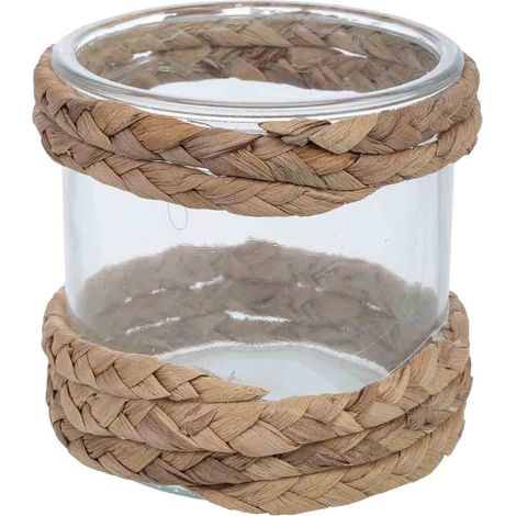 Portavelas de vidrio forrado de fibras naturales marrón D11.5x11.5h cm (1/5)