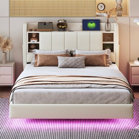Lit double beige 140x200 cm, sommier à lattes intégré, tête de lit réversible avec rangements et étagères, prise USB et éclairage LED, cadre en métal solide, revêtement lin.