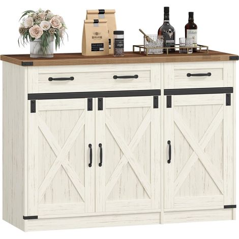 Meuble Cuisine, Buffet à 2 Tiroir, Meuble de Rangement à 3 Portes, Étagères Réglables, Style Cottage, Cuisine, Salon, 40 x 108 x 80 cm,Blanc Rustique et Marron Miel (1/5)
