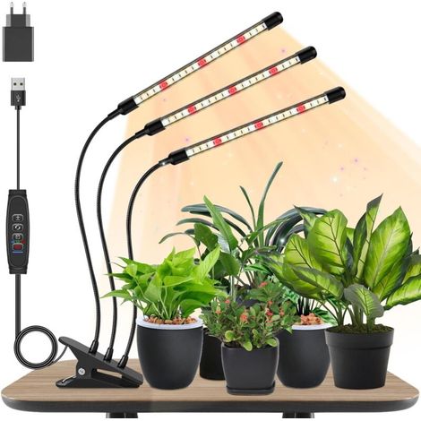 Lampada LED per orticoltura a 3 teste, spettro completo, con timer automatico di accensione/spegnimento 3/9/12 ore per frutta, verdura e fiori. (1/4)